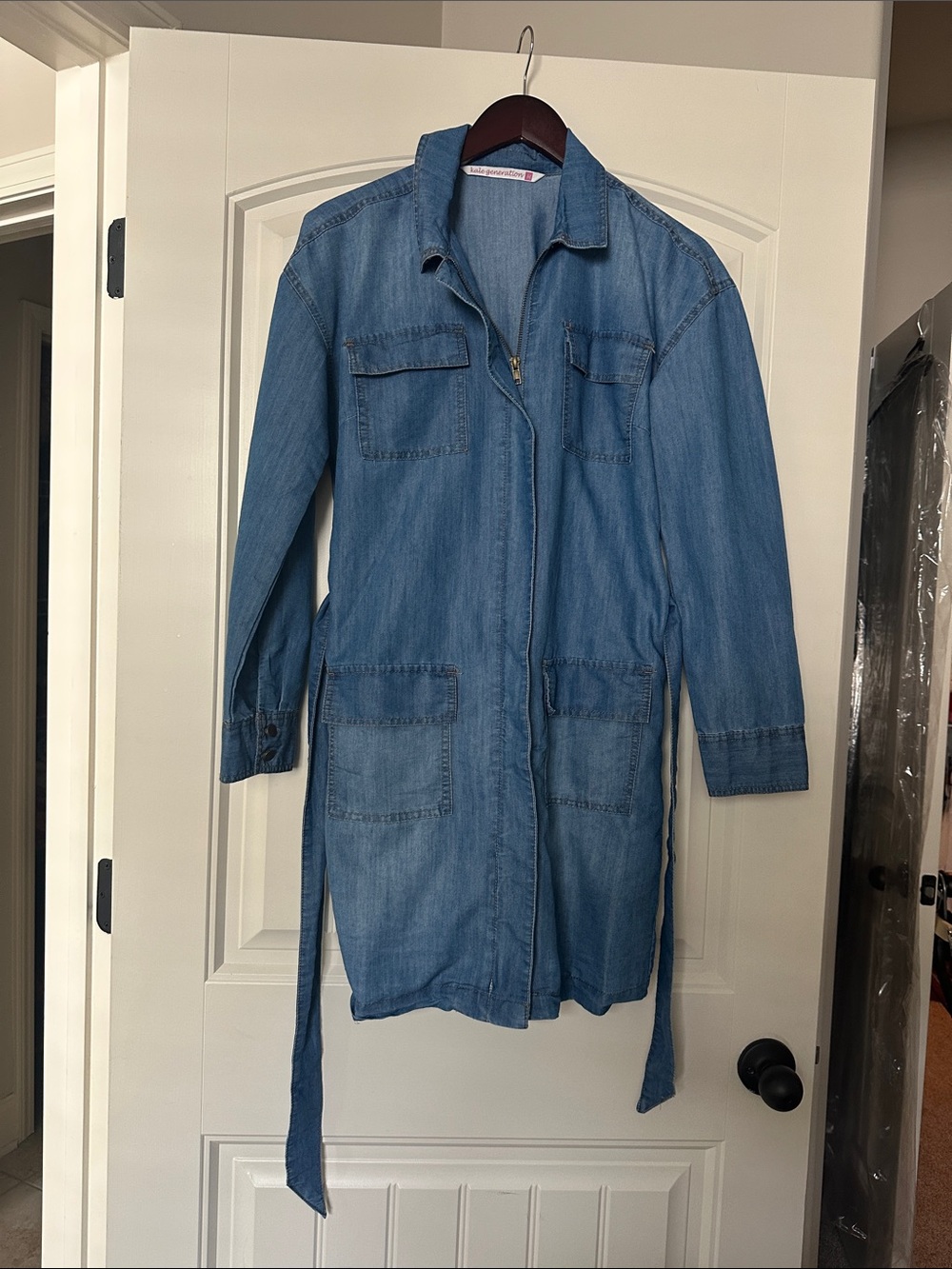 Light Blue Denim Longline Jean Jacket with Waist Tie